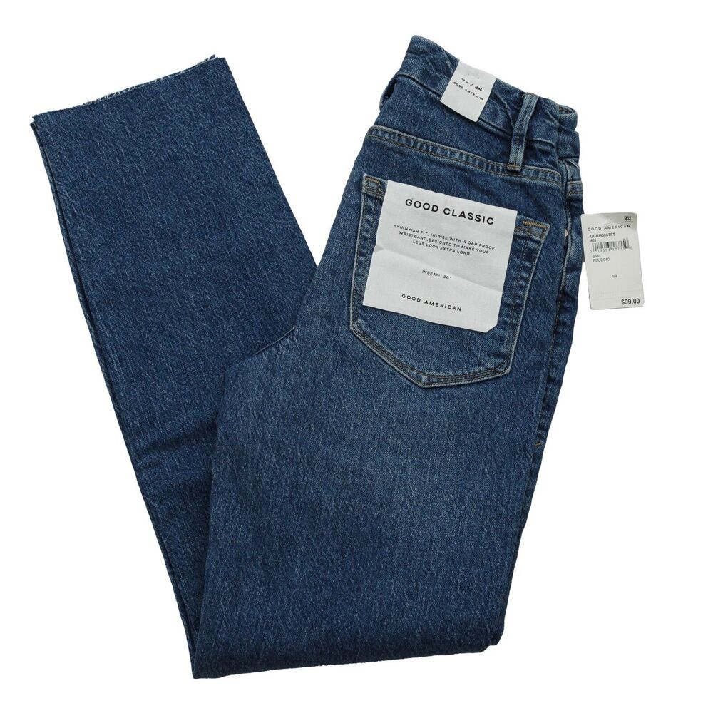 Good American Good Classic Sz 00/24 Skinnyish Fit Raw Hem Blue Hi-Rise Jeans